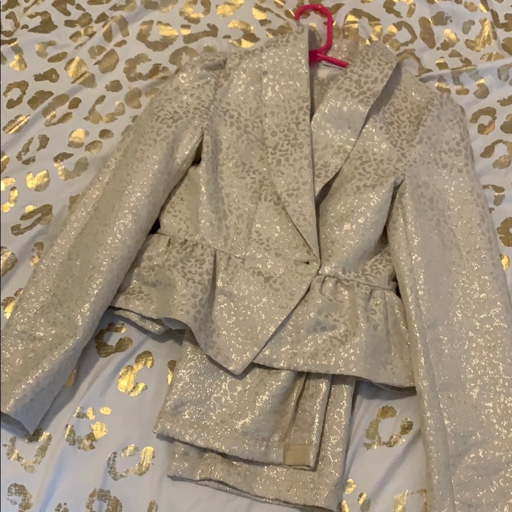 Leopard print cream and gold blazer pant suit